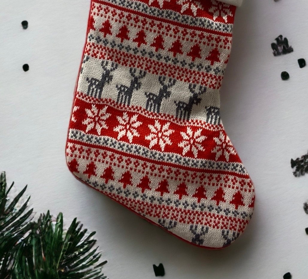 Fairisle Red Stocking - Personalized Christmas Stocking - Reindeer Stocking - Christmas Decor - Kids Christmas Stocking - Monogram Stocki