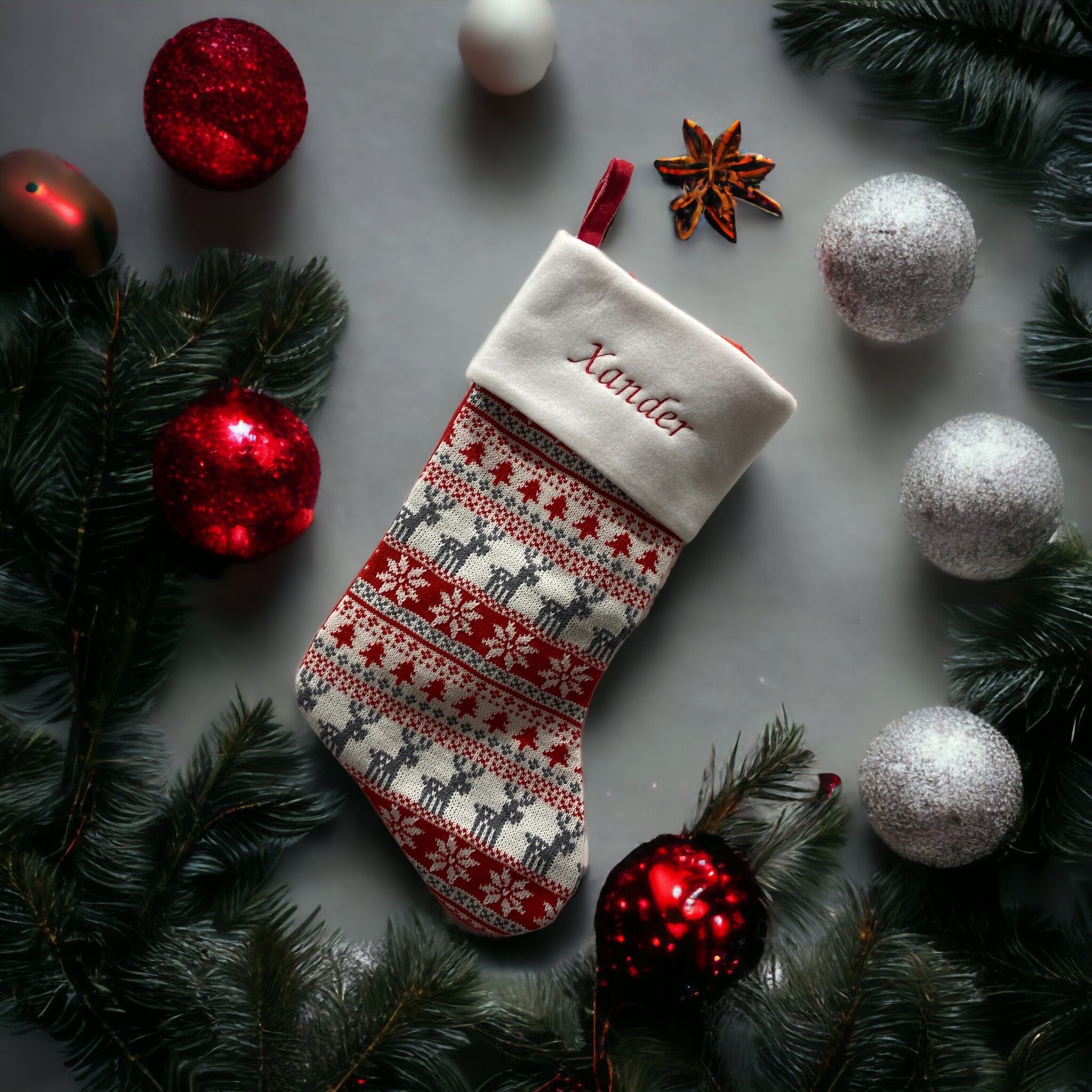 Fairisle Red Stocking - Personalized Christmas Stocking - Reindeer Stocking - Christmas Decor - Kids Christmas Stocking - Monogram Stocki