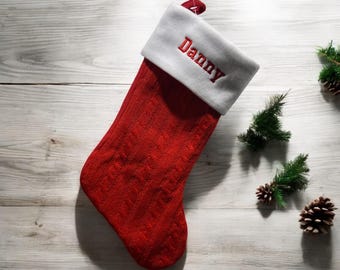 Personalized Red Cable Knit Christmas Stocking: Embroidered Name