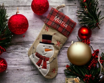 Tartan Hessian Snowman Stocking - Personalized Christmas Stocking - Hessian Stocking - Christmas Decor - Kids Christmas Stocking - Burlap St