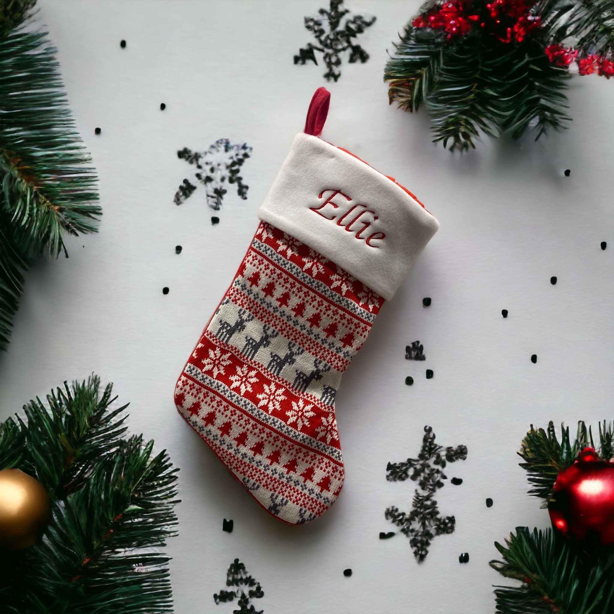 Fairisle Red Stocking - Personalized Christmas Stocking - Reindeer Stocking - Christmas Decor - Kids Christmas Stocking - Monogram Stocki