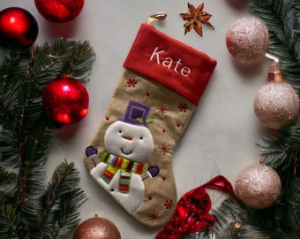 Snowman Christmas Stocking - Embroidered Stocking - Farmhouse Christmas - Plaid Christmas Stocking - Burlap Stocking -Jute Stocking