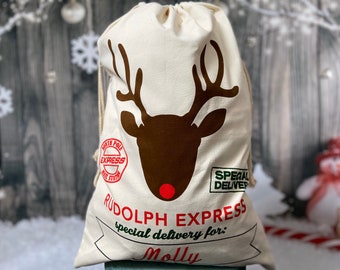 Rudolph Express Santa Sack - Personalized Santa Sack - North Pole Sack - Premium Santa Sack - Heavyweight Santa Sack - Christmas Sack