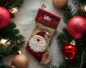 Santa Christmas Stocking - Embroidered Stocking - Farmhouse Christmas - Custom Christmas Stocking - Burlap Stocking -Rustic Stocking