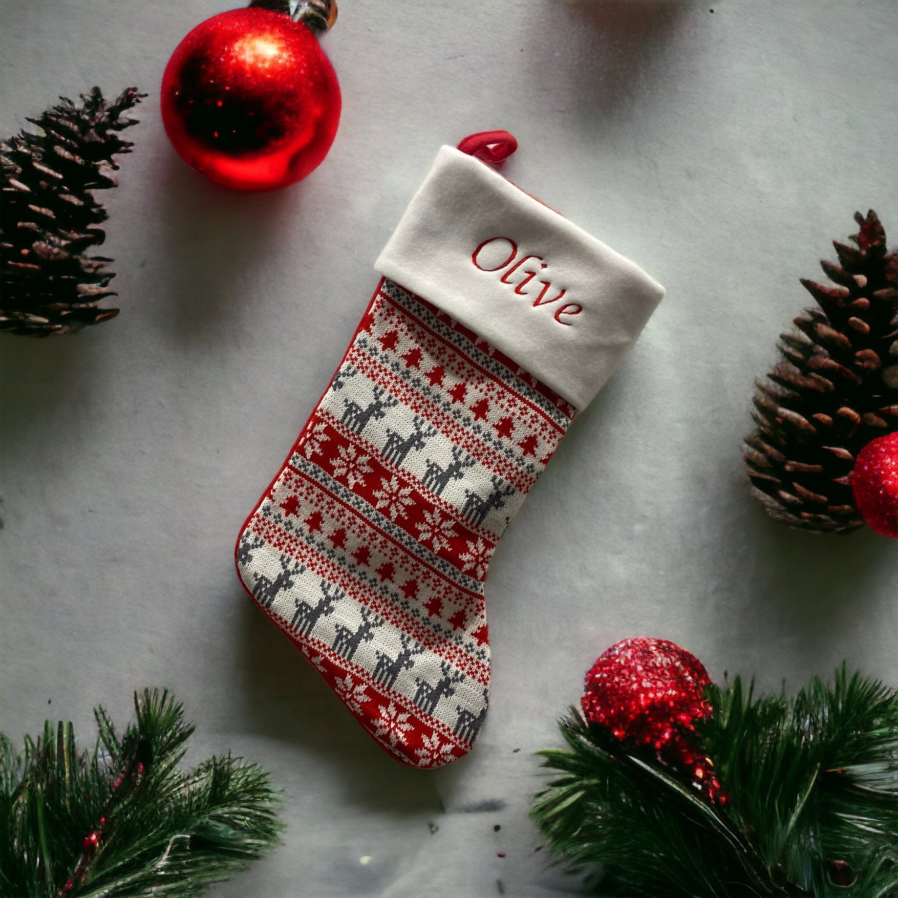 Fairisle Red Stocking - Personalized Christmas Stocking - Reindeer Stocking - Christmas Decor - Kids Christmas Stocking - Monogram Stocki