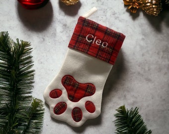 Paw Stocking- Cat Stocking - Dog Stocking - Personalized Christmas Stocking - Pet Stocking - Plaid Pet Stocking