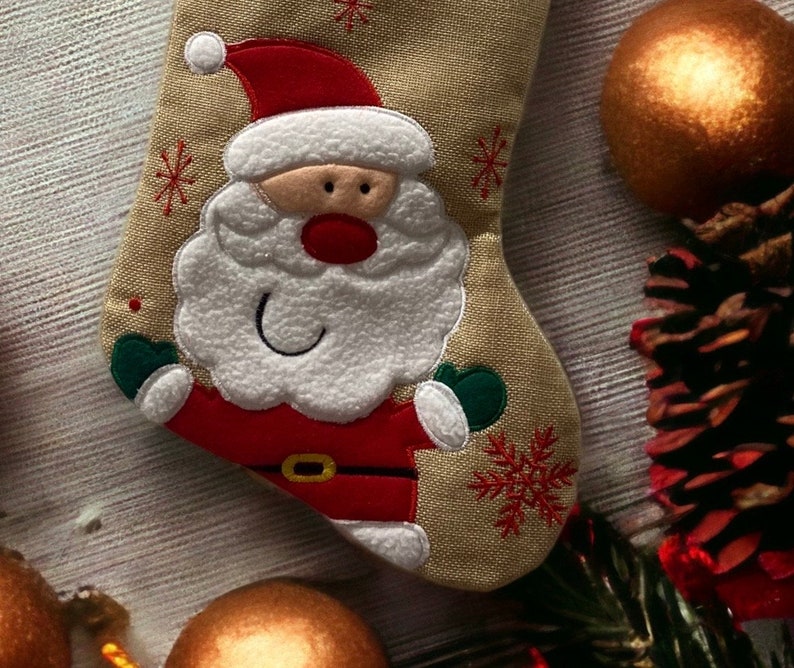 Santa Christmas Stocking Embroidered Stocking Farmhouse Christmas Personalized Christmas Stocking Burlap Stocking Jute Stocking zdjęcie 2