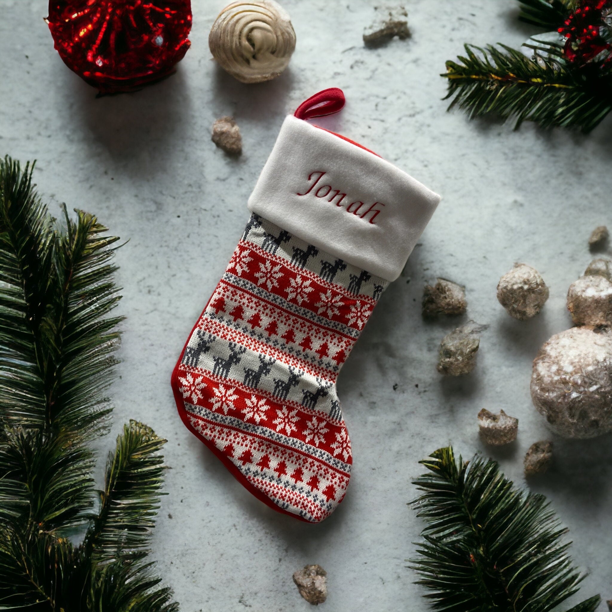Fairisle Red Stocking - Personalized Christmas Stocking - Reindeer Stocking - Christmas Decor - Kids Christmas Stocking - Monogram Stocki