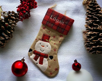 Tartan Hessian Snowman Stocking - Personalized Christmas Stocking - Hessian Stocking - Christmas Decor - Kids Christmas Stocking - Burlap St