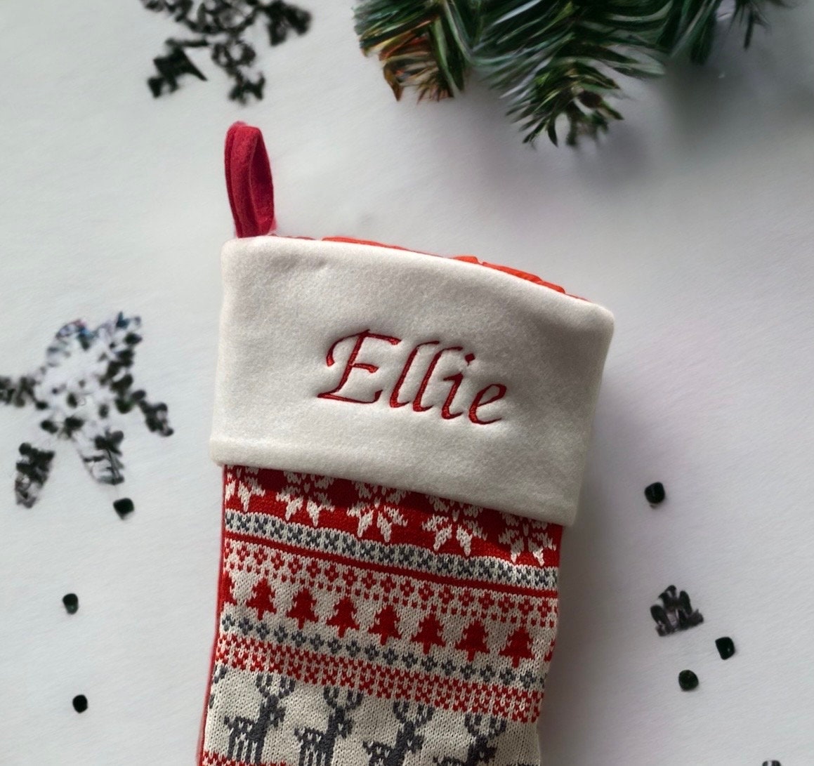 Fairisle Red Stocking - Personalized Christmas Stocking - Reindeer Stocking - Christmas Decor - Kids Christmas Stocking - Monogram Stocki