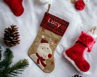 Reindeer Christmas Stocking - Embroidered Stocking - Farmhouse Christmas - Plaid Christmas Stocking - Burlap Stocking -Rustic Stocking