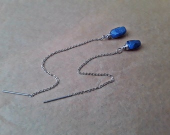 Raw Sapphire September Birthstone Stainless Steel Threader Earrings