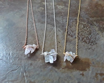 Raw Pink Kunzite Wire Wrapped Petite Dainty Pendant Necklace Rose Gold, Silver, or Gold