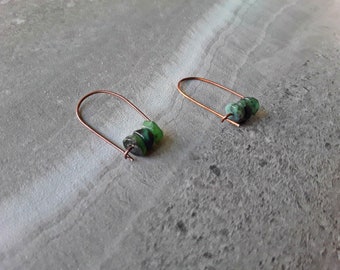 Raw Emerald May Birthstone Long Modern Hoop Earrings Copper