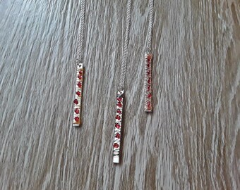 Garnet January Birthstone Wire Wrapped Vertical Bar Pendant Necklace Silver