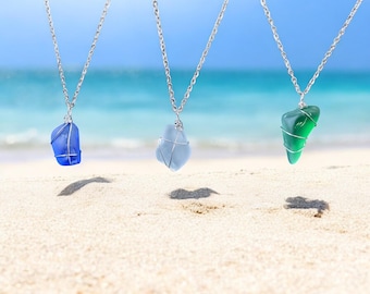 Authentic Sea Glass Wire Wrapped Stainless Steel Pendant Necklace