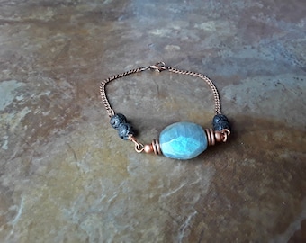 Labradorite Nugget and Lava Stone Essential oil Diffuser Bracelet Copper