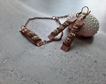 Raw Diamond April Birthstone Wire Wrapped Boho Style Copper Bar Bracelet And Earrings Gift Set Copper and Bronze