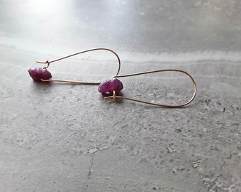 Raw Ruby July Birthstone Modern Hoop Earrings Silver, Gold, or Rose Gold
