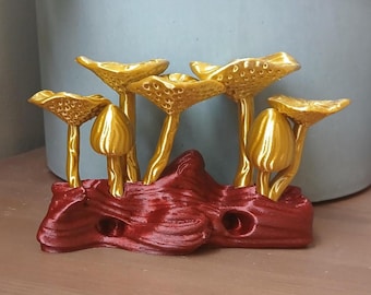Mushrooms on a Log, Golden Fungi, Whimsical Home Decor