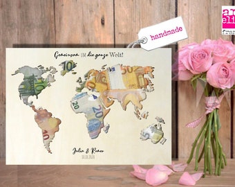 WORLD MAP made of WOOD white money gift wedding travel voucher vintage DIN A3