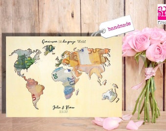 WORLD MAP made of WOOD natural money gift wedding travel voucher vintage DIN A3