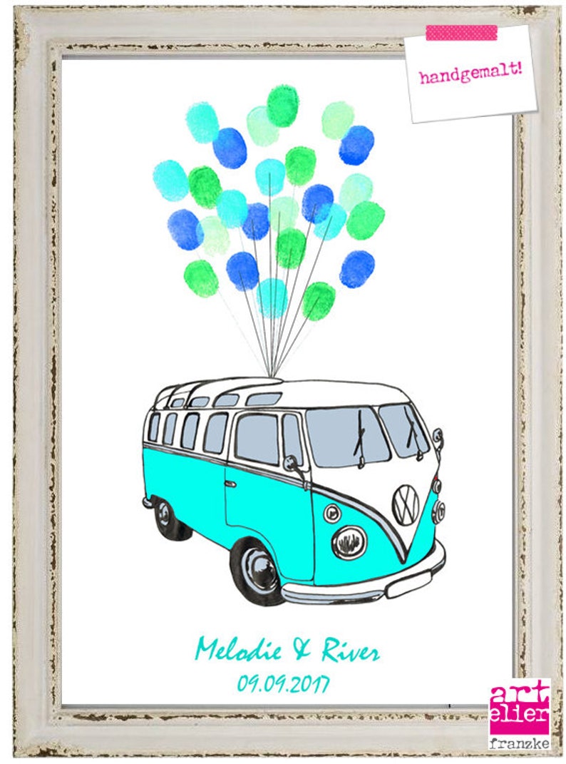 WeddingTree Handzeichnung VW Bus Luftballon fingerprint Bild Hochzeit Gästebuch Bild 2