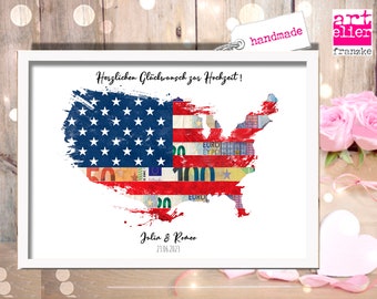 Money gift WEDDING map USA abstract travel voucher