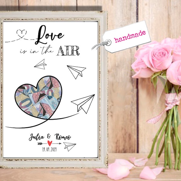 Gift of money WEDDING Lineart PAPER PLANE Heart Travel Voucher