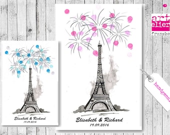 WeddingTree Watercolor Hand Drawing Eiffel Tower fingerprint Picture Wedding Guestbook