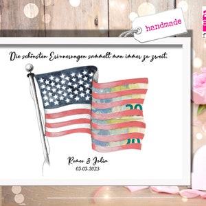Cadeau d'argent MARIAGE USA drapeau carte vintage bon de voyage