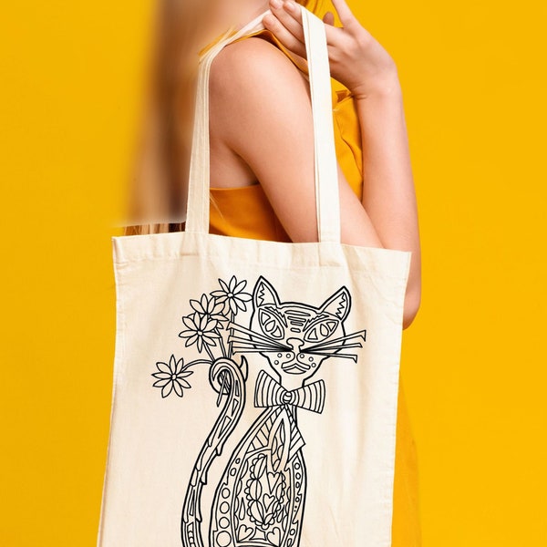 Handsome Harry Cat Cotton Tote Bag|Custom Cat Tote Bag|Fun Cat Tote|Kitty Cat Coloring|Gift for Teen|Gift for Mom|Pet Lover Gift|Coloring