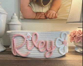 Personalized Baby Shower Gift Basket, Customized Rope Name Basket, Custom Monogram Gift Basket, Baby Name Basket, Toy Name Basket