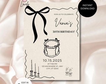 Black bow 30th invitation | editable Thirty Birthday Party Invite | DIY Digital Black Ribbon | She is Thirty Invite