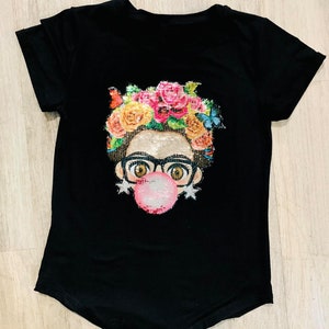 Frida Kahlo Shirt , Sequin T-Shirt, Feminist Clothing, Frida Kahlo T-shirt, Reverse Sequin, Frida Kahlo Woman Shirt, Latina Shirt, Frida.