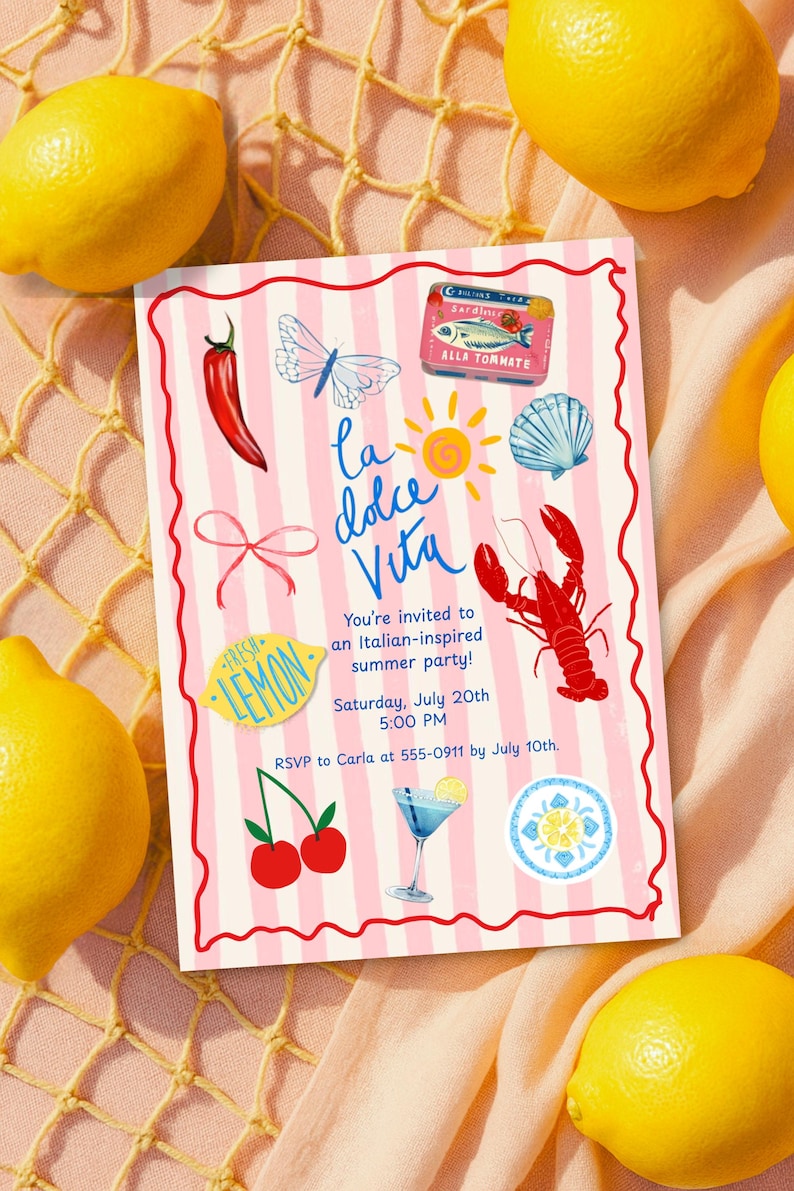 May include: An invitation with a pink and white striped design, featuring illustrations of a butterfly, lobster, and lemon. The text reads "La Dolce Vita" and invites guests to an Italian-inspired summer party.