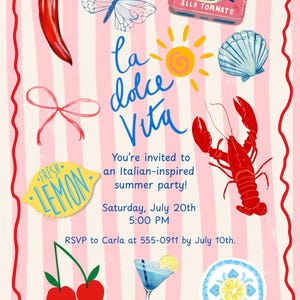 May include: An illustrated invitation for an Italian-themed summer party, featuring a pink and white striped backdrop. The design incorporates images of a chilli, butterfly, sardines, sun, seashell, lobster, lemon, cherries, cocktail, and a decorative plate.