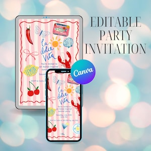 May include: Digital party invitation design displayed on a tablet and smartphone. The invitation features Italian-inspired summer graphics, including a lobster, sun, and the words "la dolce Vita". The design is editable using Canva.