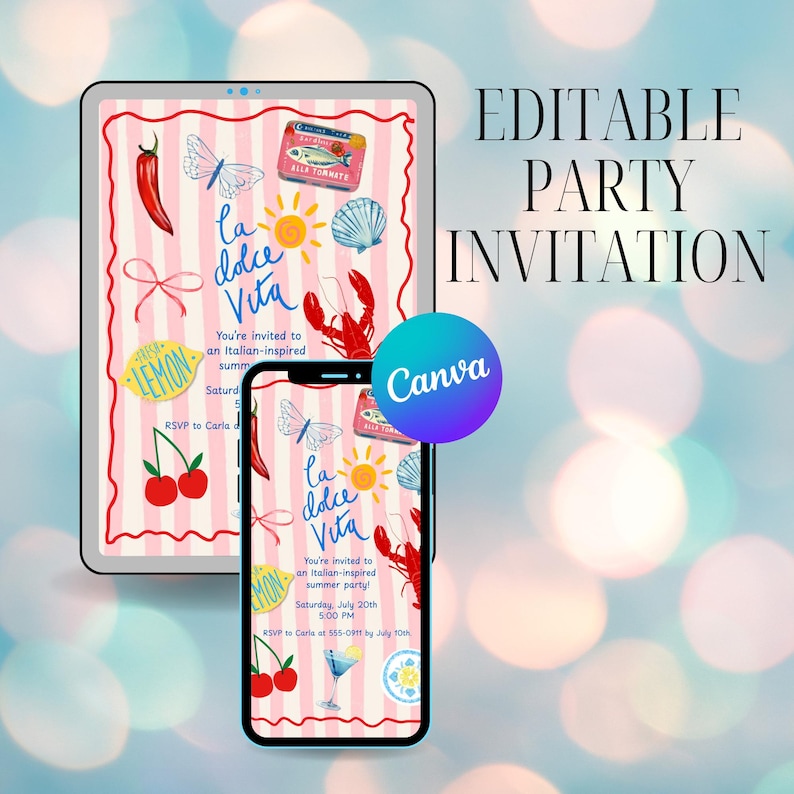 May include: Digital party invitation design displayed on a tablet and smartphone. The invitation features Italian-inspired summer graphics, including a lobster, sun, and the words "la dolce Vita". The design is editable using Canva.