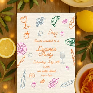 Dinner Party Invitation Template | Editable Italian Food Theme | Pasta + Wine Birthday Dinner Invitation | Hand Drawn Italian Theme Party