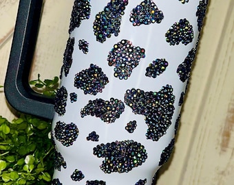 Custom Black AB Rhinestone Cow Print 40oz Tumbler | Bling Western Cow Print Cup with Handle | Luxury Glitter Travel Mug