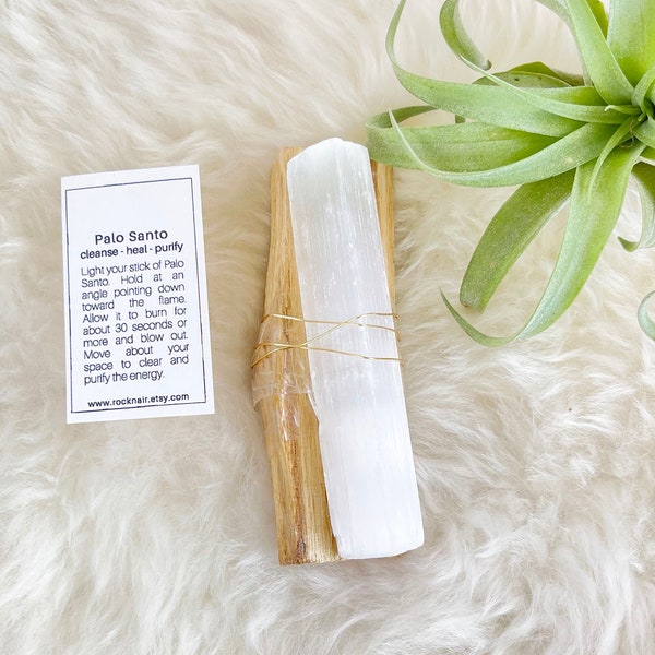 2 Palo Santo Sticks/Selenite, Amethyst, Rose Quartz, OR Citrine Crystal Smudge Kit for Energy Cleansing, Incense Kit, Healing Crystal Kit