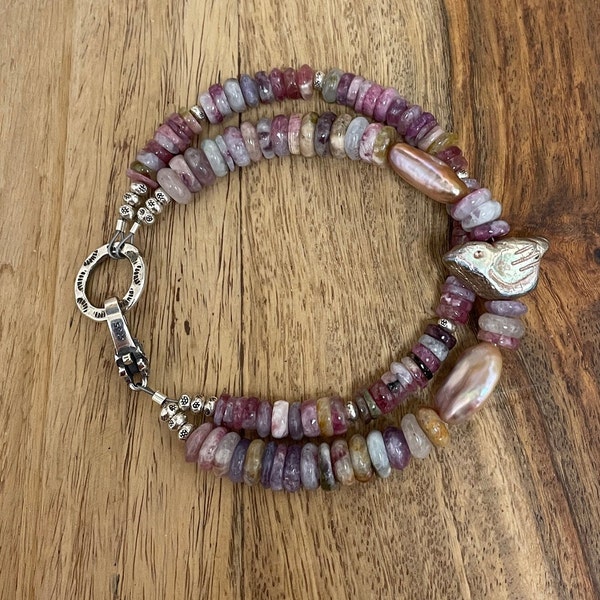 1164 - Tourmaline and Bird Bracelet