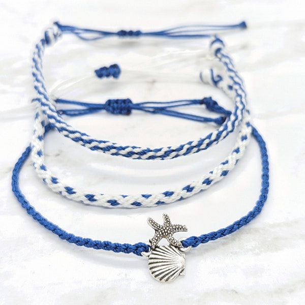 Waterproof Blue Friendship Bracelet Stack, Handmade Beach Jewelry