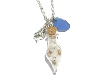 Sanibel Sea Shell Beach in a Bottle Necklace, Blue Sea Glass Charm Jewelry, Sanibel Jewelry, Summer Ocean Jewelry