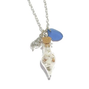 Sanibel Sea Shell Beach in a Bottle Necklace, Blue Sea Glass Charm Jewelry, Sanibel Jewelry, Summer Ocean Jewelry