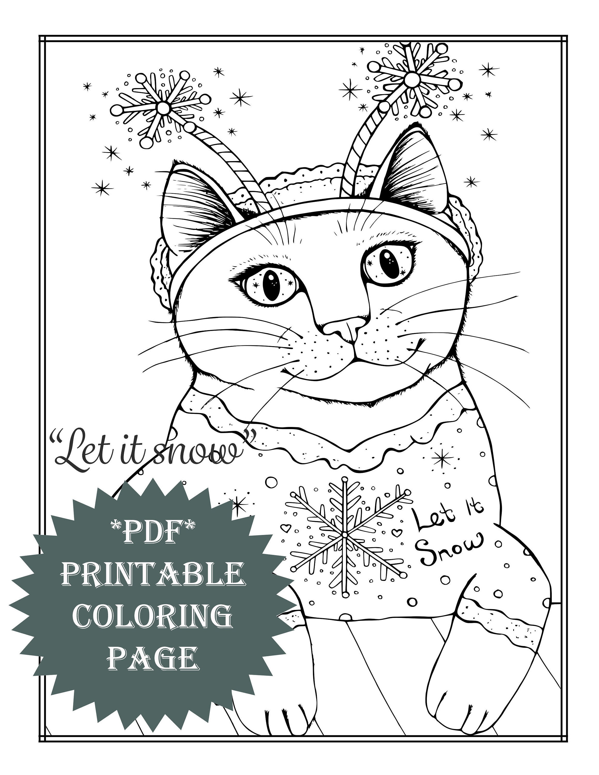 PDF printable coloring page winter snow christmas animal cat | Etsy