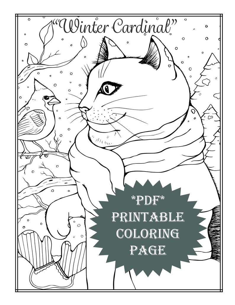 PDF printable coloring page coloring book adult coloring animal cat bird cardinal winter christmas activities