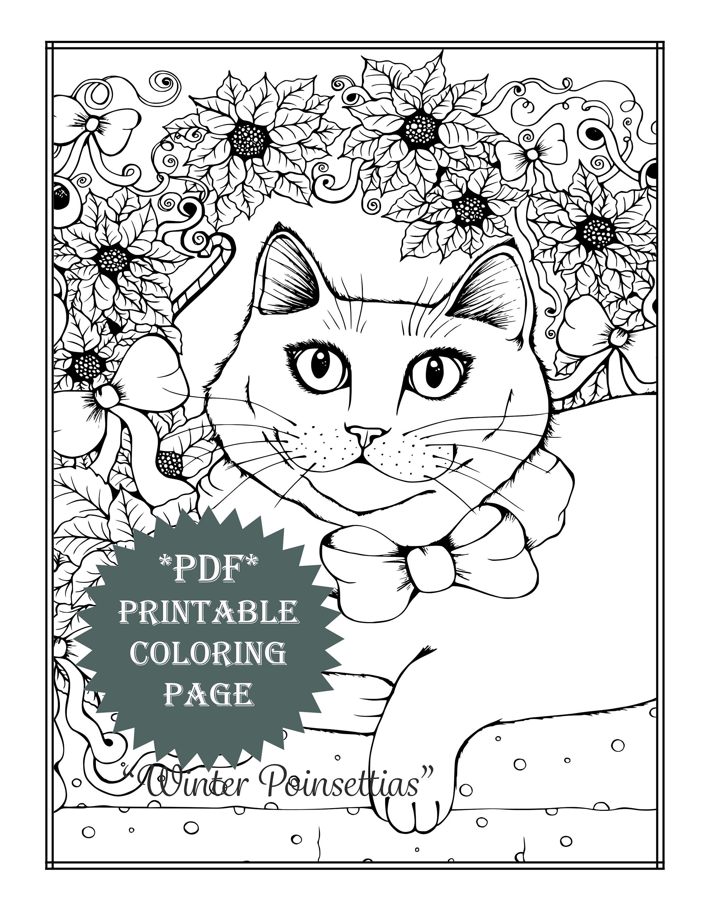 PDF Printable Coloring Page Holiday Winter Cat Poinsettias ...