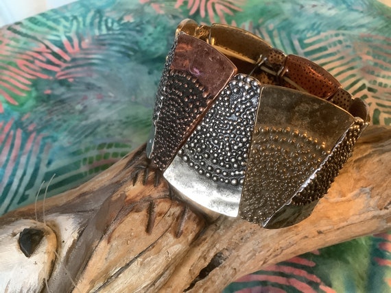 Hammered Brass & Copper Large Cuff Stretch Bracel… - image 2